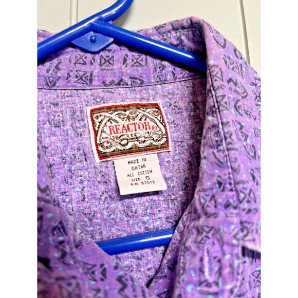 Vintage REACTOR Button Up Shirt Purple Geometric Pattern Mens Small - Picture 2 of 5